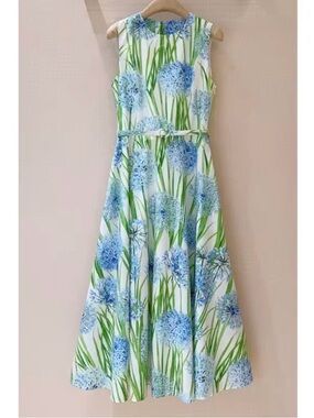 Floral Blue & Green Sleeveless 100% Cotton Midi Dress in Size 6 or 8